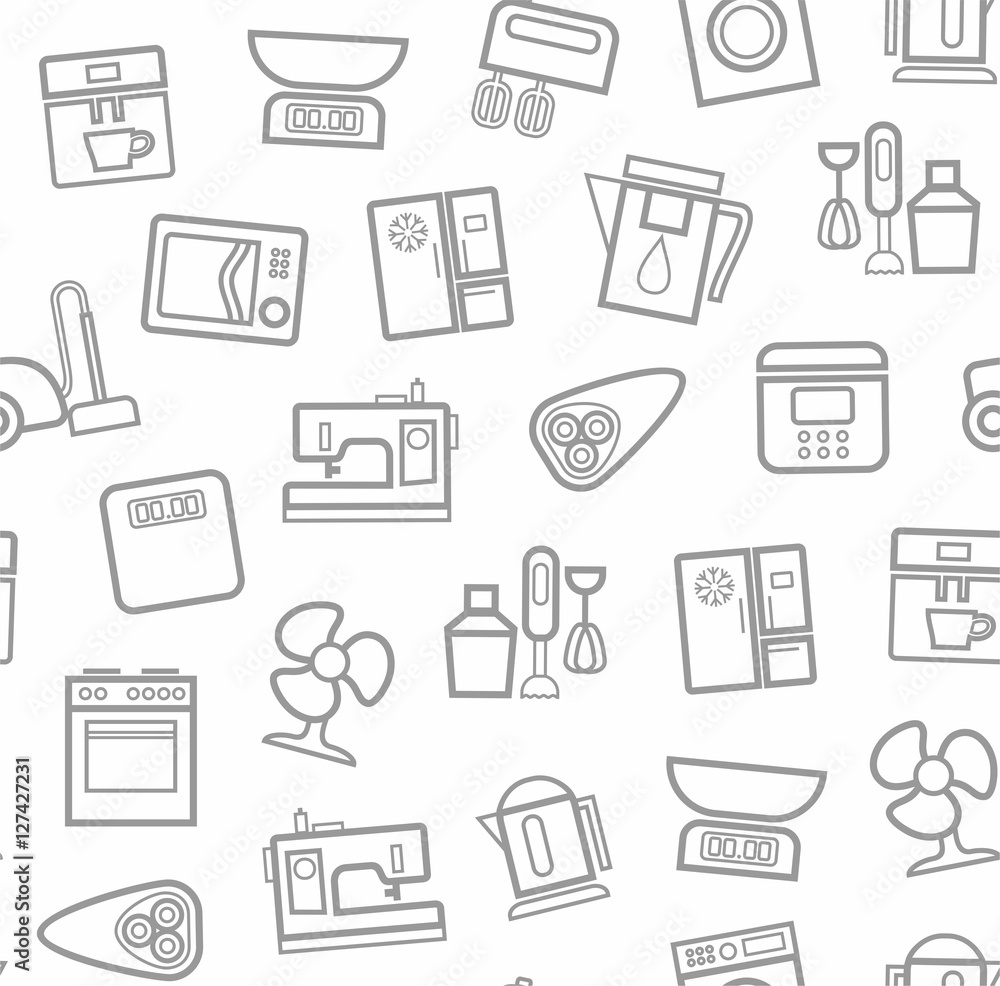Appliances, background, seamless, white. Vector grey outline icons appliances for home and kitchen on a white background. Appliances, background, seamless, white. Vector grey outline icons appliances for home and kitchen on a white background.