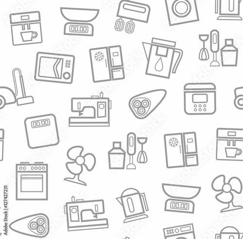 Appliances, background, seamless, white. Vector grey outline icons appliances for home and kitchen on a white background. 
