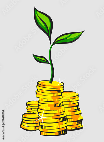 Golden coins stacks with money tree. Retro style vector illustration.