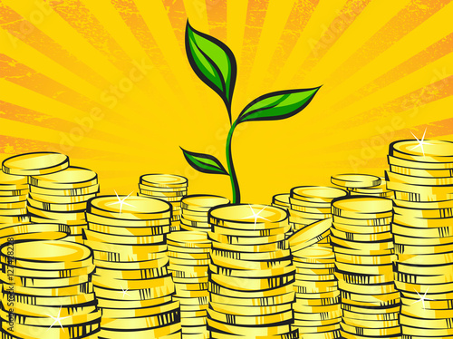 Golden money stacks and wealth tree sprout. Retro vector illustration of the shining gold coins and little green plant. Investment or business success concept. Pop art treasure image.