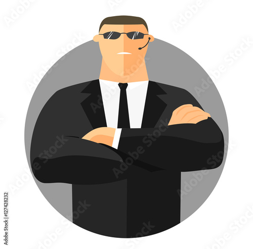 Security sign, safety icon, flat design. Security guard with crossed hands in suit. Vector illustration photo