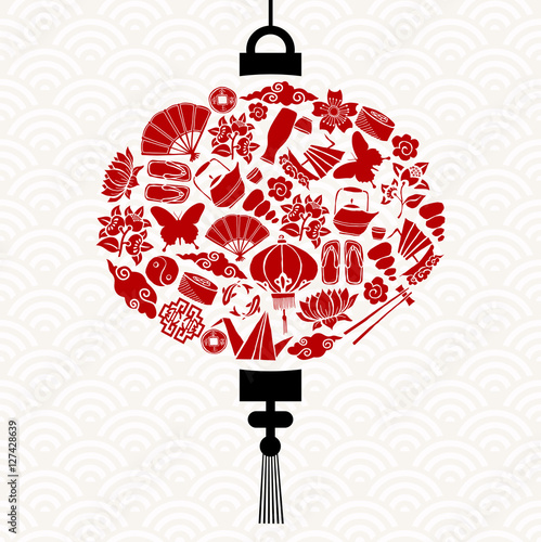 Chinese New Year lantern with red asian icons