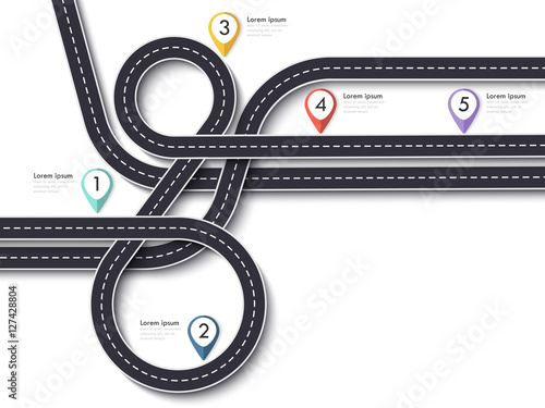 Road trip and Journey route. Winding Road on a White Isolated Background with pin pointer.Vector EPS 10