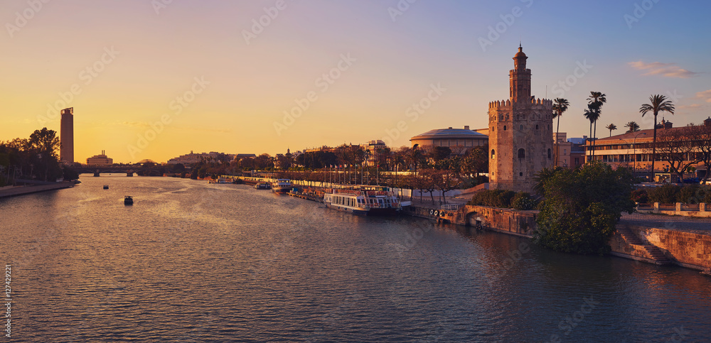 Seville sunset skyline torre del Oro in Sevilla