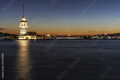 The Maiden's Tower during sunset in Istanbul, Turkey.