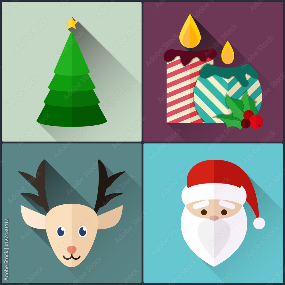 Fototapeta premium new year icon pack included christmas tree, candles, santa, deer. Flat Design Style