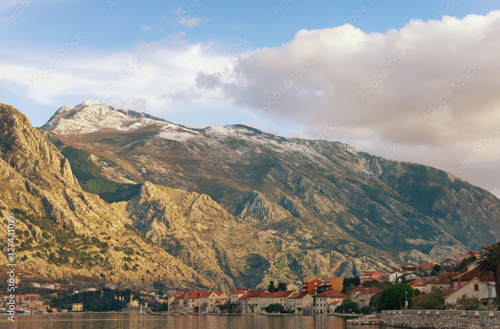 Winter Montenegro. View Lovcen mountain from Bay of Kotor and Prcanj town