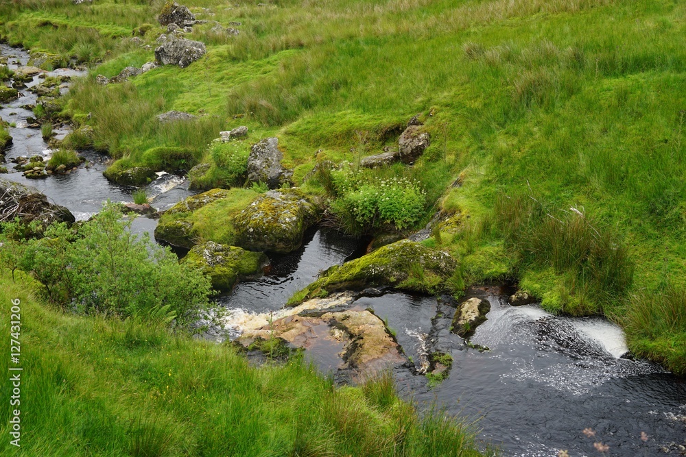 Flusslandschaft mit kleinen Wasserfällen im grünen Antrim / Nordirland Flusslandschaft mit kleinen Wasserfällen im grünen Antrim / Nordirland