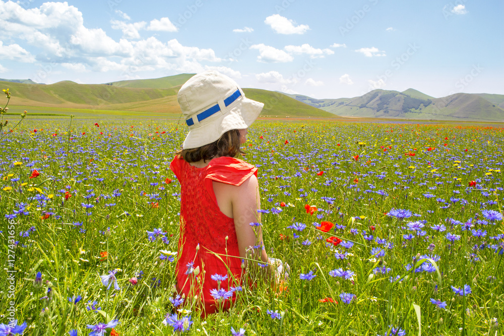 bambina con un vestito arancione seduta in un prato fiorito tra le montagne  in Italia Stock Photo | Adobe Stock