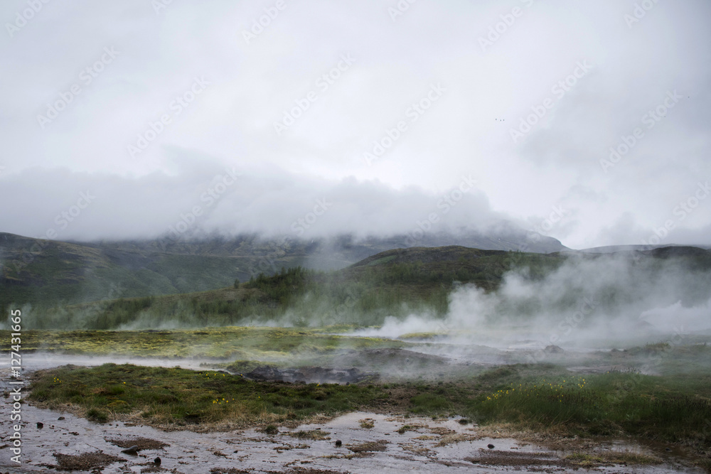 Great Geysir Strokkur in Iceland hot fog geology