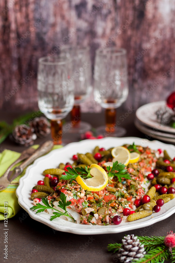 Tomato, Herb, Nut and Gherkin Cod Fish Tomato, Herb, Nut and Gherkin Cod Fish