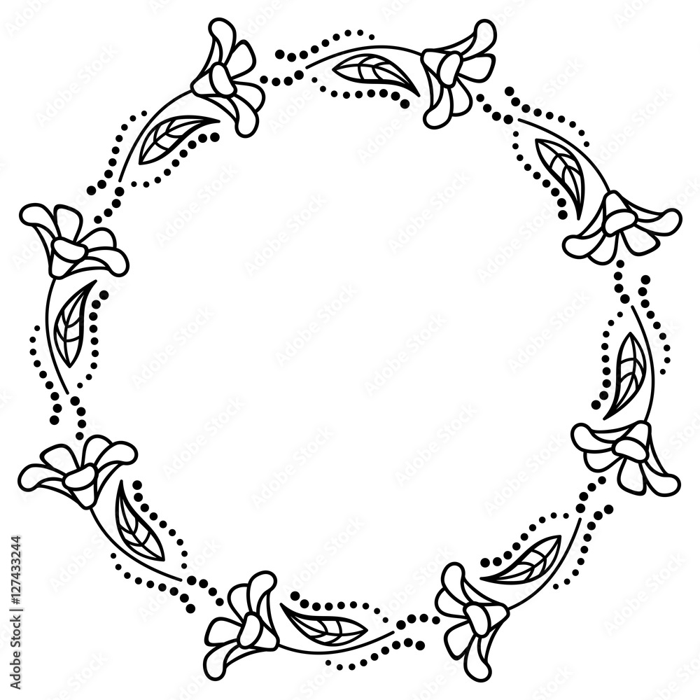 Round black and white frame outline decorative flowers. Copy space. Round black and white frame outline decorative flowers. Copy space.