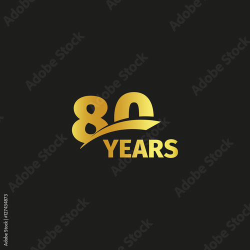Isolated abstract golden 80th anniversary logo on black background. 80 number logotype. Eighty years jubilee celebration icon. Eightieth birthday emblem. Vector illustration.