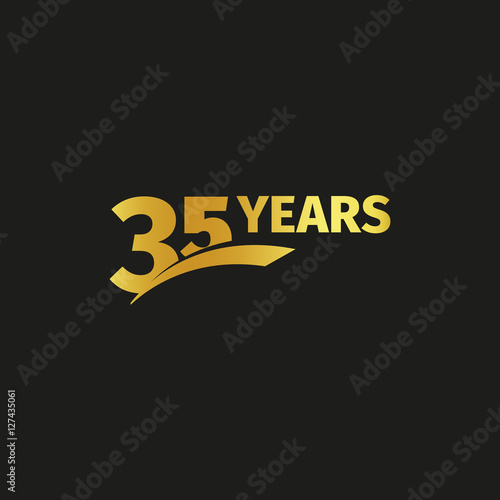 Isolated abstract golden 35th anniversary logo on black background. 35 number logotype. Thirty-five years jubilee celebration icon. Birthday emblem. Vector illustration.
