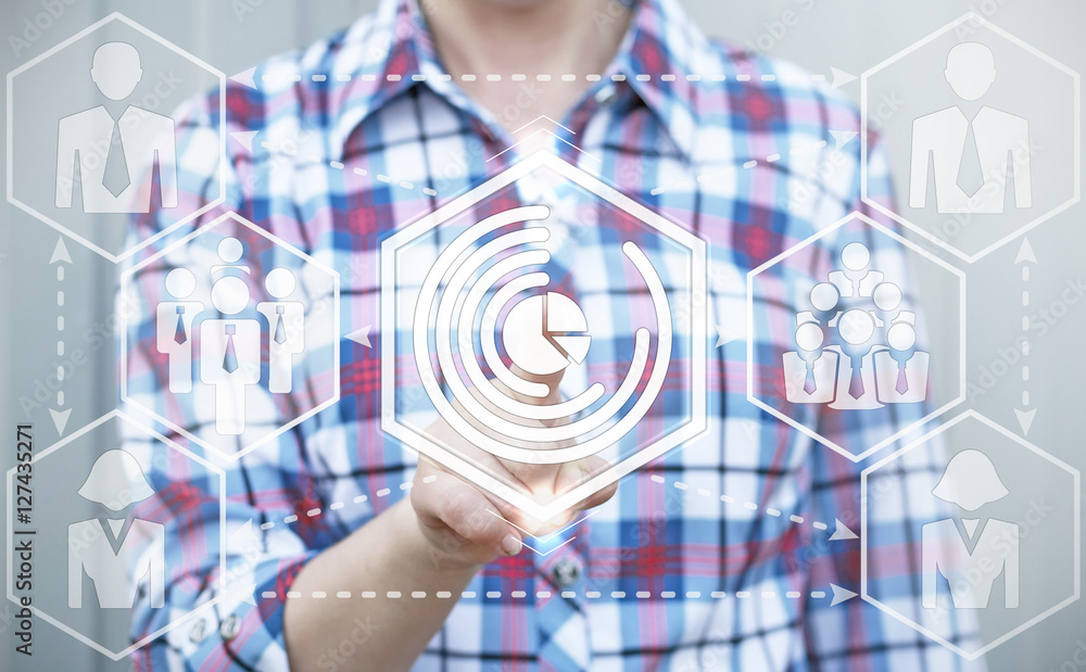 businessman presses pie chart button on virtual screen. Circular chart icon on touch screen interface. Diagram with sectors and circular graph. Business, banking, bank, finance, concept. Hexagon style businessman presses pie chart button on virtual screen. Circular chart icon on touch screen interface. Diagram with sectors and circular graph. Business, banking, bank, finance, concept. Hexagon style