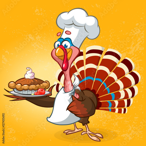 Thanksgiving turkey chief cook serving pumpkin pie. Vector cartoon characterCartoon turkey waving in pilgrim hat.Vector, grouped for easy editing. No open shapes or paths