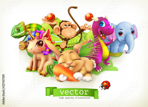 Fairy tale animals. Happy bunny, rabbit, cute unicorn, small dragon, baby elephant, monkey, chameleon