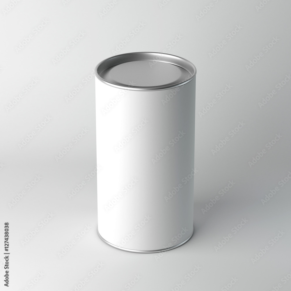 White Blank Tin can packaging mockup with metal cover. Tea, coffee, dry products, gift box. 3d rendering White Blank Tin can packaging mockup with metal cover. Tea, coffee, dry products, gift box. 3d rendering