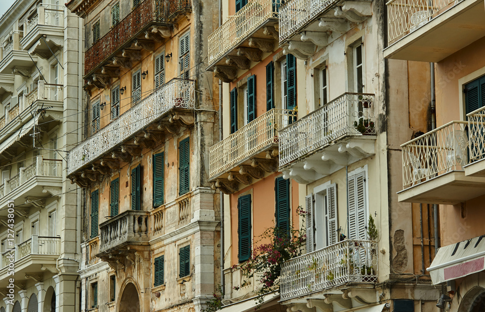 Facade of the building in the town of Corfu, Greece.