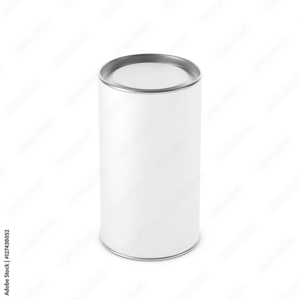 White Blank Tin can mockup. Cylindrical packaging with metal lid, Tea, coffee. 3d rendering White Blank Tin can mockup. Cylindrical packaging with metal lid, Tea, coffee. 3d rendering