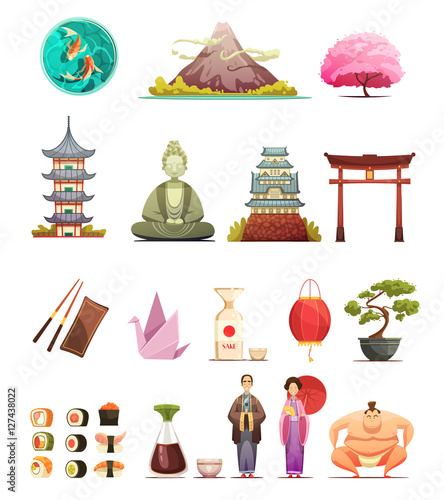 Japan Culture Retro Cartoon Icons Set 