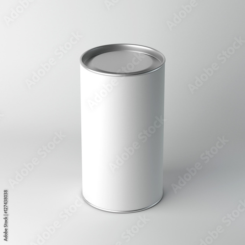 White Blank Tin can packaging mockup with metal cover. Tea, coffee, dry products, gift box. 3d rendering