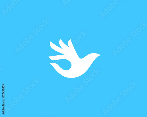 Ok bird vector logo design. Hand palm wings logotype. Fingers dove okay trick negative space idea sine symbol.