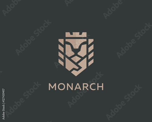 Lion face king vector logotype. Royal handshake deal contract crown luxury logo design. Premium sphinx business symbol.