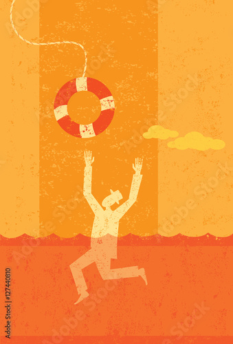 Drowning businessman being saved from bankruptcy