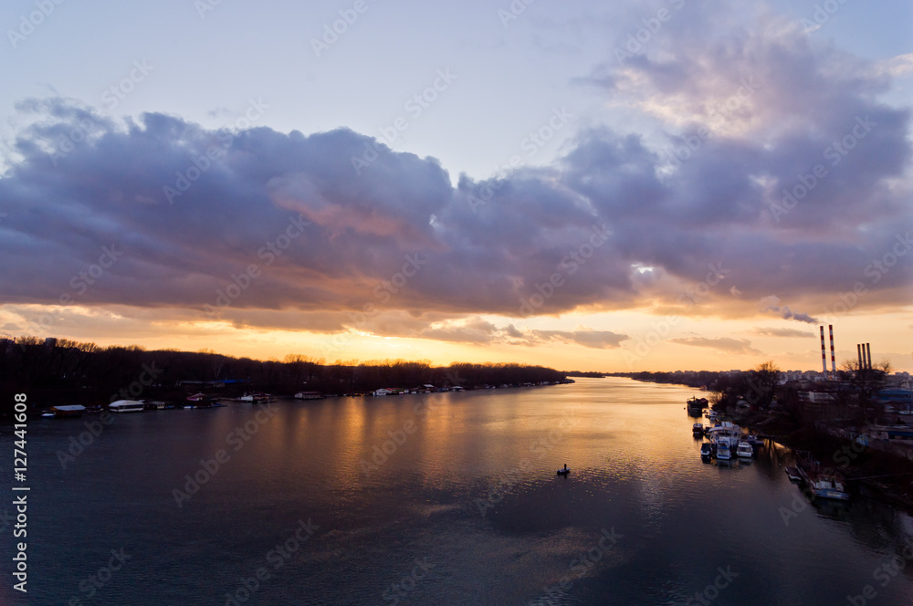 Clouds and sunset over Sava river in Belgrade, Serbia