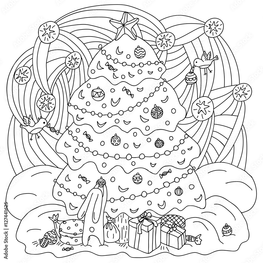 Coloring book Xmas theme. Gift card. Hare and birds adorn the Christmas tree. Vector