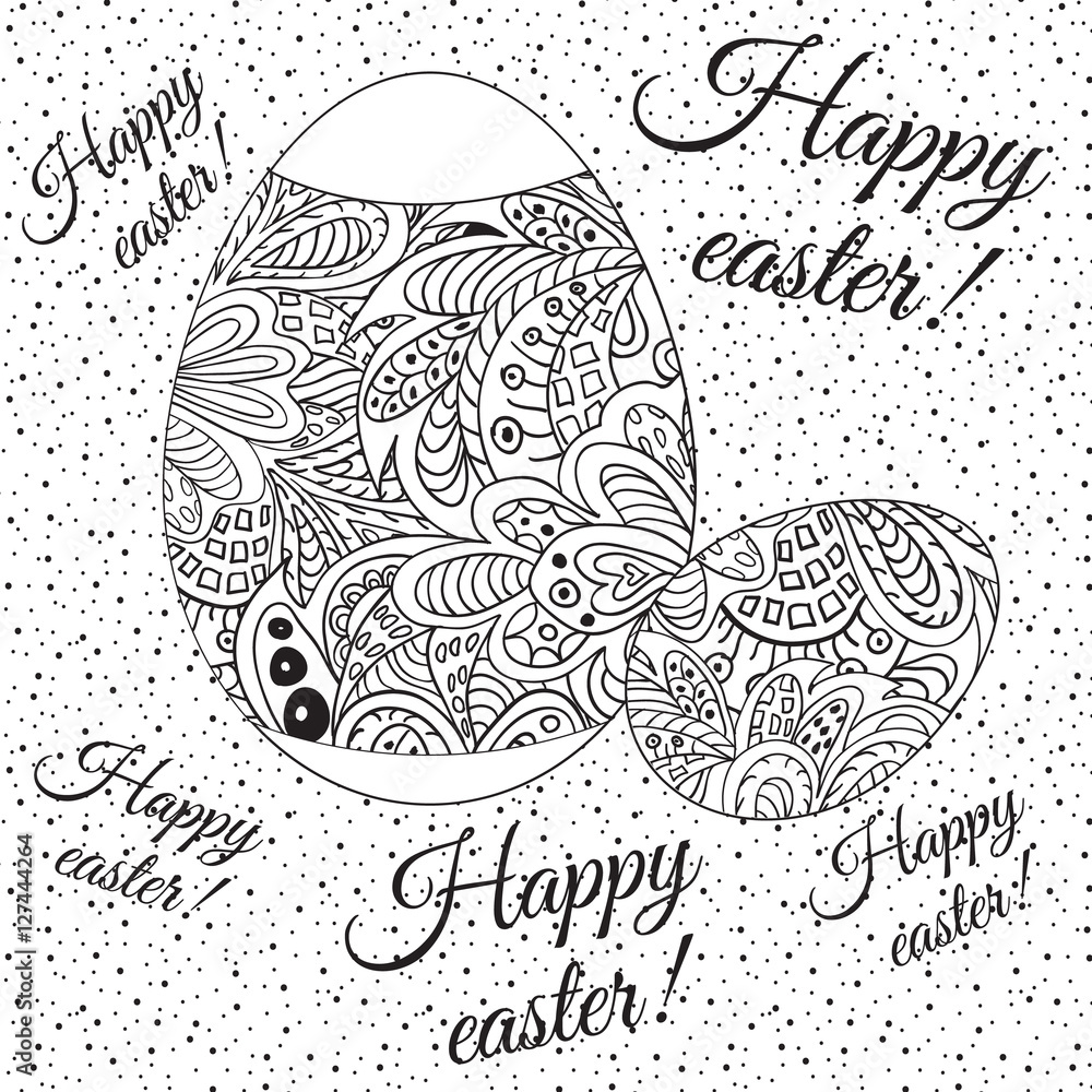 Fototapeta premium Doodle Zentangl drawing. Holiday card. Happy easter. White and black