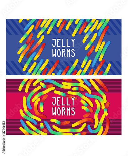Candy gummy jelly worms, twist gelatin sweets of bright colors on stripes background. Design in childish colorful style. Vector illustration