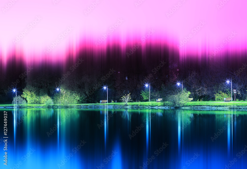 Dramatic night park illumination reflections background