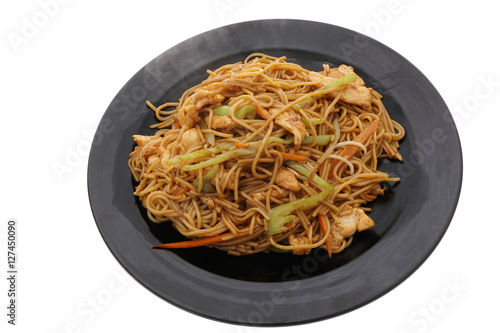 Chinese food. Spaghetti with chicken and vegetables