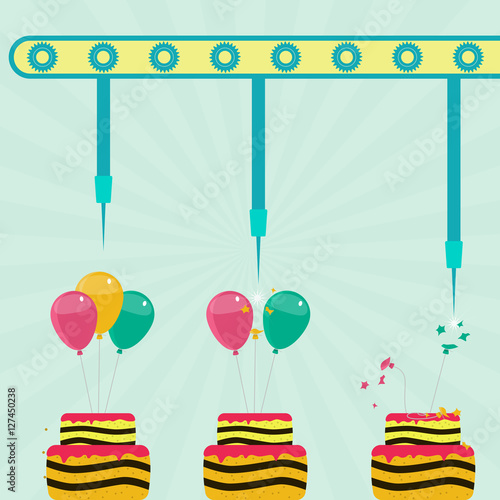 Machine with needles exploding balloons on the cake. Blue sky on the background. Concept. Metaphorical.