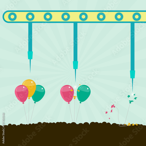 Machine with needles exploding balloons on the soil. Concept. Metaphorical.