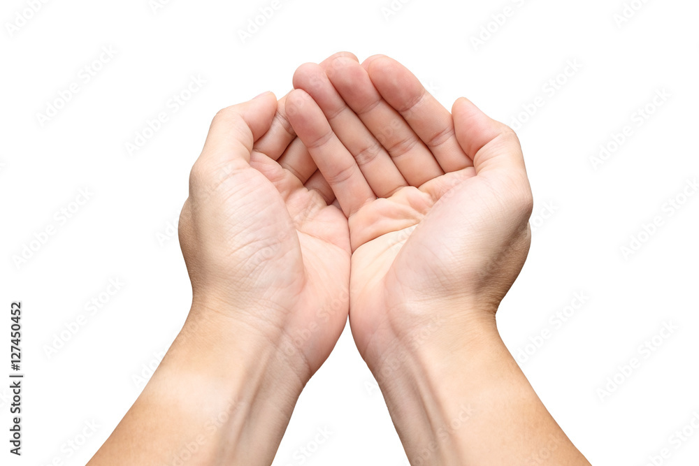 Two open empty hands inside on isolated white background. Hands concept of receive something. Two open empty hands inside on isolated white background. Hands concept of receive something.