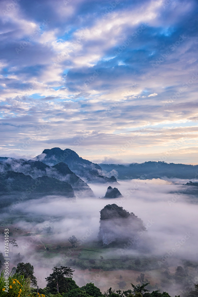 Landscape of Morning Mist with Mountain.