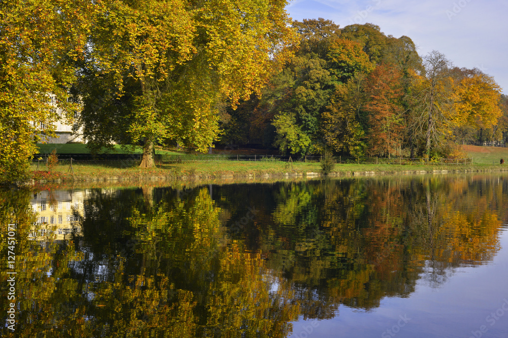 Fototapeta premium Perspective arborée d'Automne à Chantilly (60500), département de l'Oise en région Hauts-de-France, France