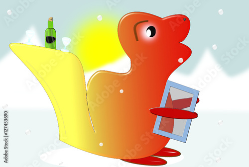 Foca camarero con carta botella y copas en paisaje polar.
