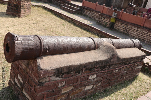 Antique artillery cannon kept for public exhibition in thousand years old Narwar Fort, Shivpuri, Madhya Pradesh. photo