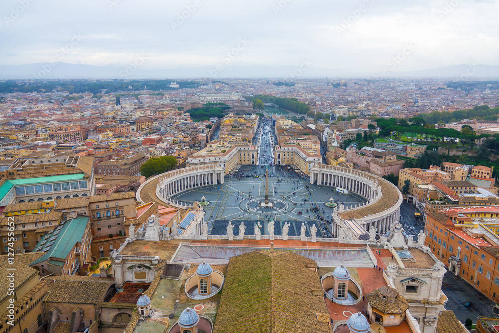 Amazing aerial view over the Vatican and the city of Rome from St Peters Basilica