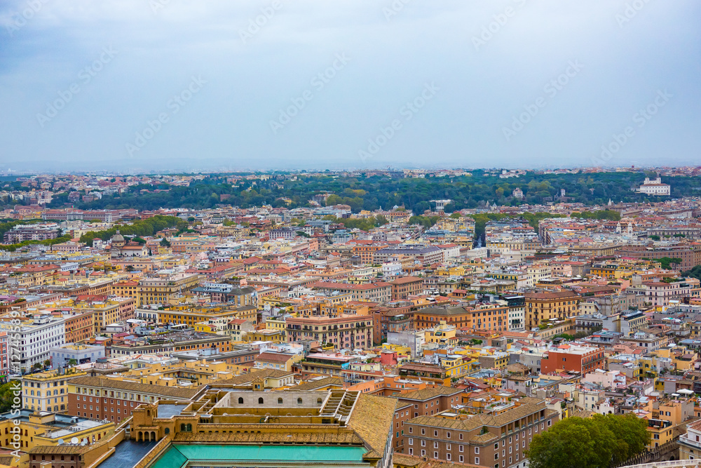 Impressive aerial view over the city of Rome from the top of St Peters Basilica