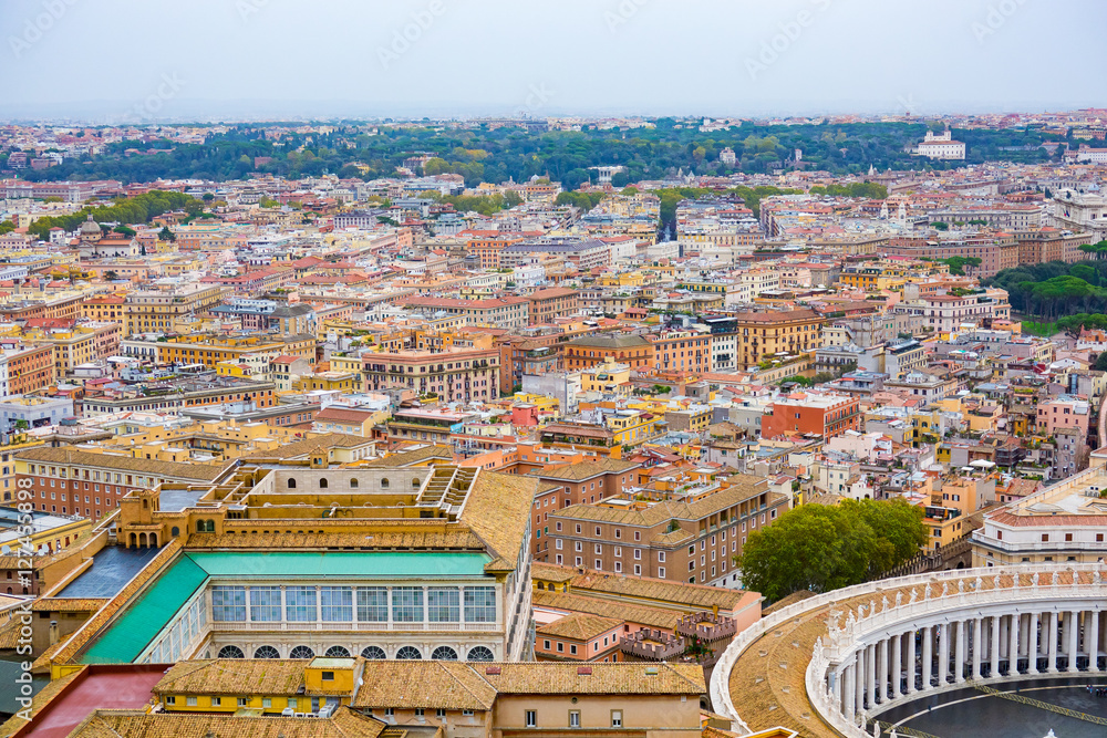 Impressive aerial view over the city of Rome from the top of St Peters Basilica