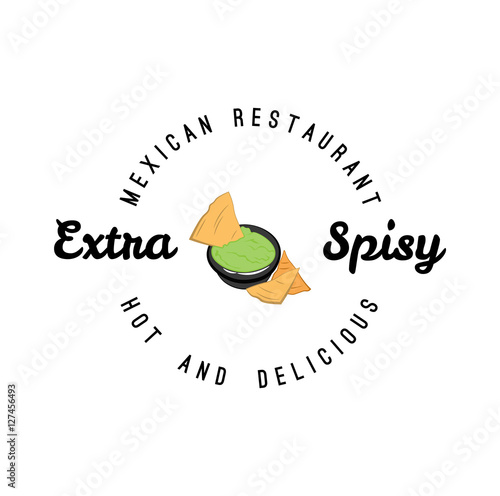Nachos fast food menu emblem. Mexican corn chips with spicy hot tomato dipping sauce, red ribbon and label text Nachos.