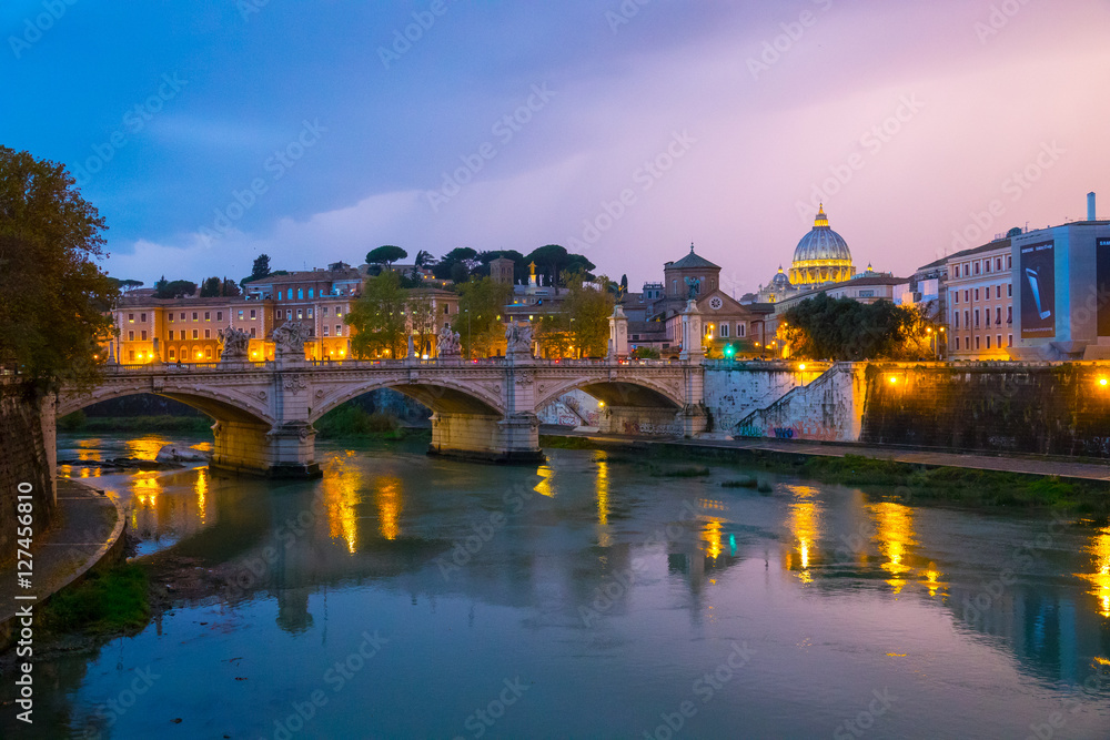 Amazing evening view over River Tiber and its bridges in Rome