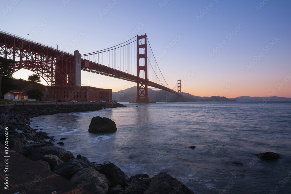 Dusk scene of Golden gate bridge at San Francisco bay California USA America