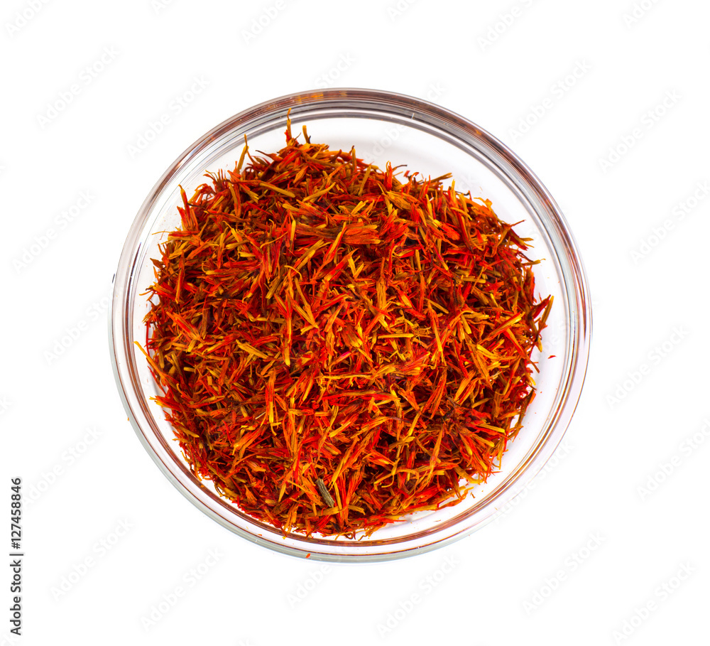 Saffron in a Glass Bowl on White Saffron in a Glass Bowl on White