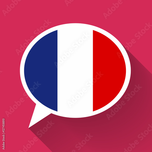 White speech bubble with France flag on pink background. French language conceptual illustration